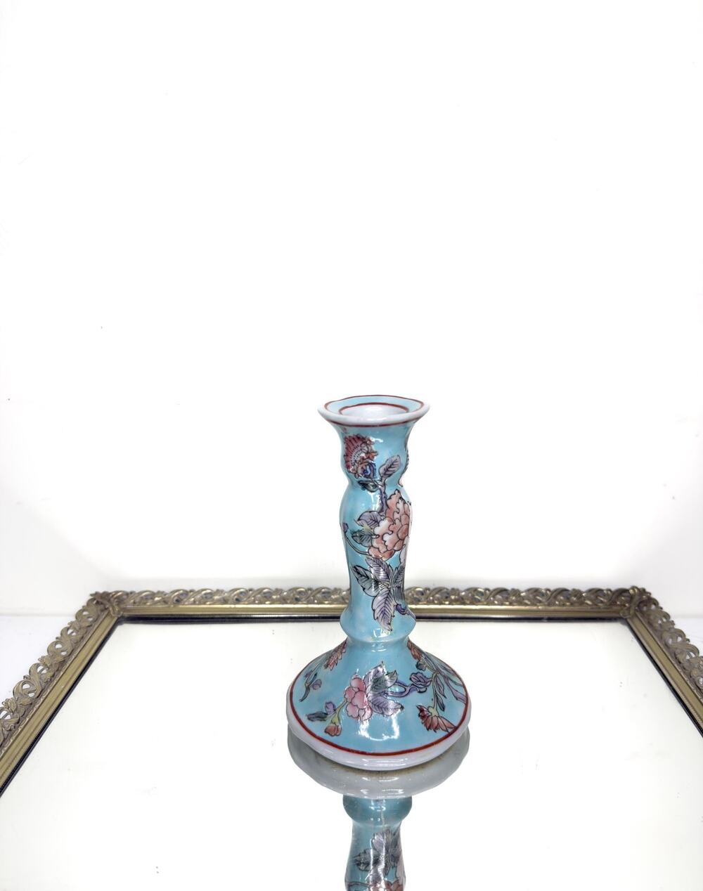 Mid 20th Century Floral Hand Painted Chinese Famille Rose Candlestick Holder